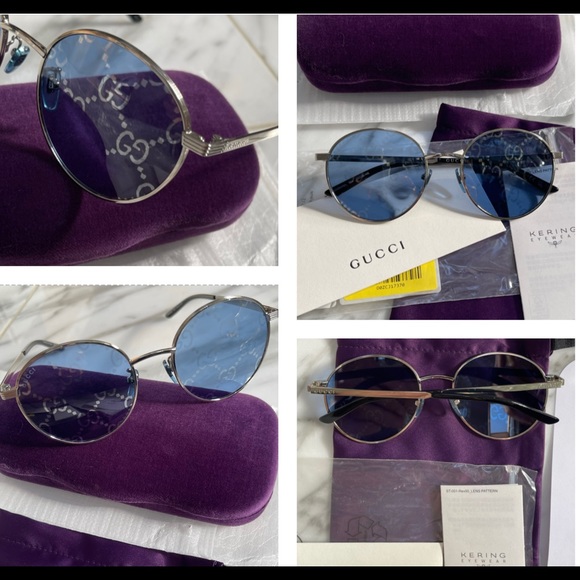 GUCCI “GG” INTERLOCKING LOGO IMPRINTED ON BLUE / SILVER MIRROR ROUND SUNGLASSES - Picture 7 of 16